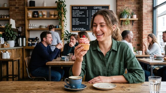 Happy young woman holding a pink frosted cupcake in a cozy cafe. Smiling female patron with sweet dessert and coffee at a wooden table
