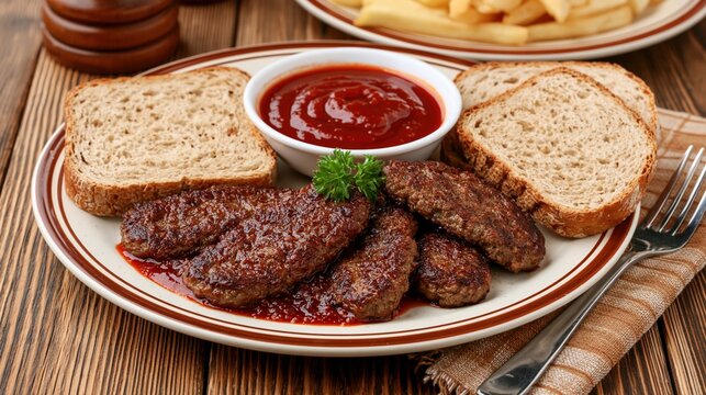 Plate of Salisbury steaks with toast and ketchup