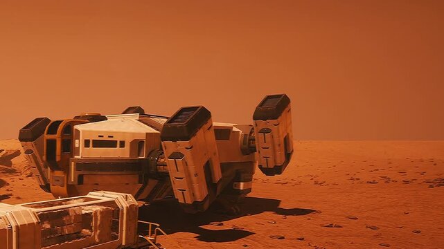A futuristic rover rests on the dusty, red surface of Mars during a serene twilight. The sky glows orange, highlighting the rugged terrain and distant geological formations.