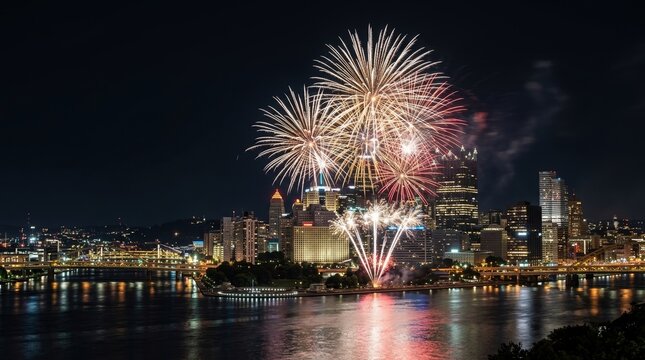 Spectacular fireworks display over an illuminated city skyline at night. Colorful pyrotechnics reflecting on a river with city bridges