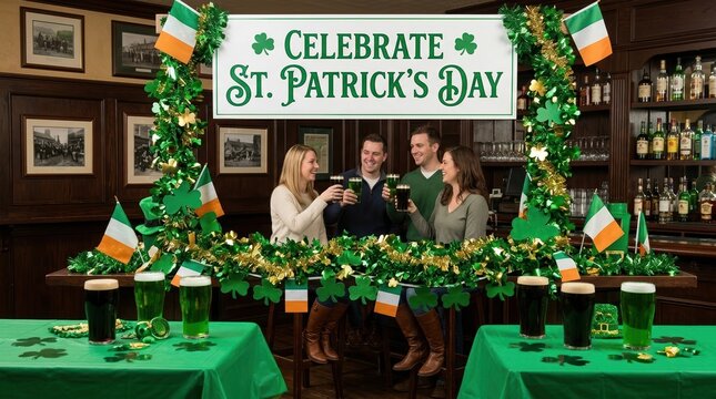 Friends celebrating St. Patrick's Day in a decorated pub. People toasting with green beer and stout at the bar. Irish holiday party concept