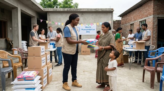 Volunteers distributing aid supplies on World Humanitarian Day. Diverse charity workers helping a local community in an outdoor courtyard