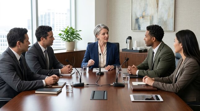 Diverse business leaders having a discussion at a conference table. Mature female executive speaking in a modern boardroom meeting