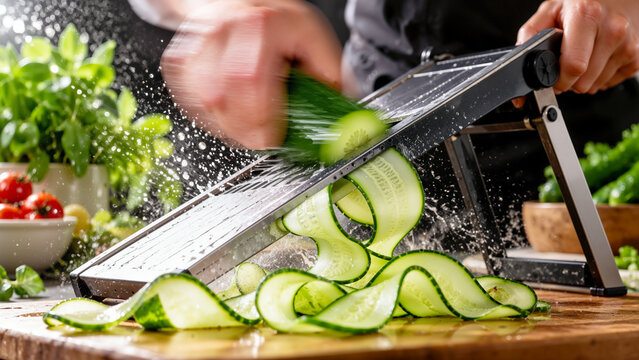 Chef slicing fresh green cucumber with mandoline slicer in kitchen with water splash action