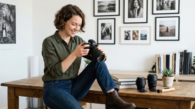 Smiling female photographer holding a camera at her desk. World Photography Day concept with camera gear and framed photos on the wall