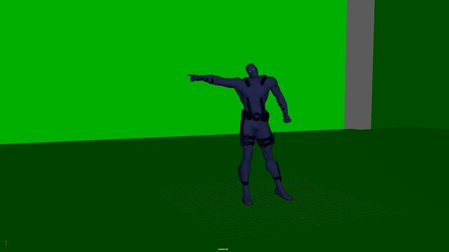 3D humanoid character pointing outward with one arm while standing upright, showing a readable directional gesture and full body position for animation reference, suitable for animation and film.