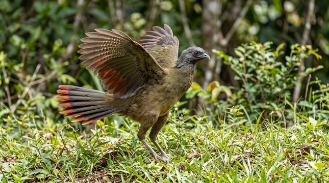 A beautiful Dusky-legged Guan bird standing on the grass with wings spread in the forest.