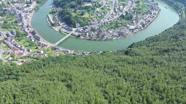 Aerial Drone View of Montherm&eacute; Town Nestled Inside Meuse River Horseshoe Bend, Ardennes France