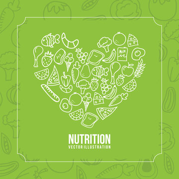 Healthy Nutrition Concept Vector Illustration - Line Art Heart Shape Collage with Food Doodles, Fruits, Vegetables, and Balanced Diet Icons on Green Background
