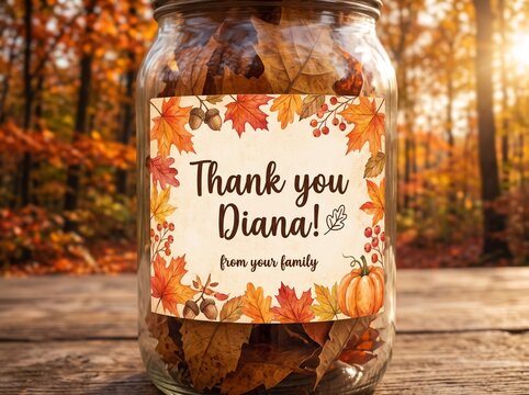 A glass jar filled with autumn leaves and a thank you note for Diana.