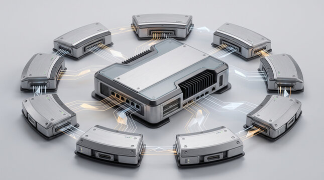 3D render of a central network router connecting to multiple edge computing nodes