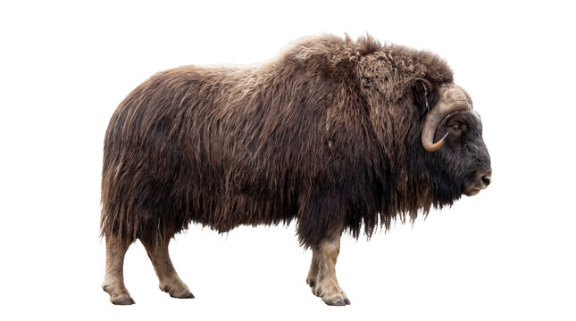 Full Body Side View Profile of a Muskox (Ovibos moschatus) with Thick Shaggy Fur and Curved Horns, Arctic Wildlife Specimen Isolated on Transparent Background for Nature and Educational Design.