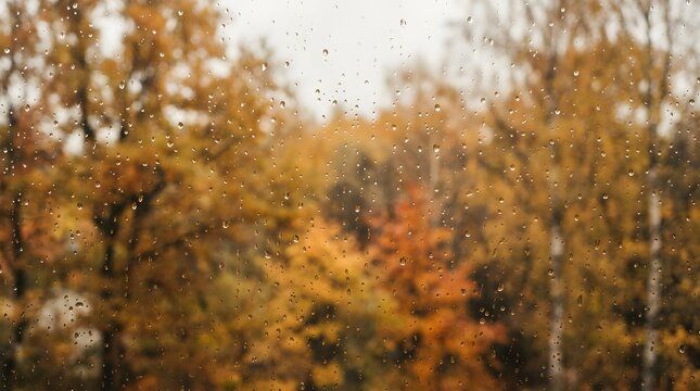 Raindrops on window with blurred autumn forest background