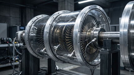 Fototapeta premium 3D render of an industrial turbine engine with transparent casing in a testing facility