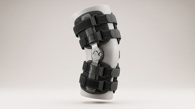 3D render of an articulated hinged knee brace for orthopedic rehabilitation