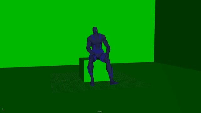 3D humanoid character lowering into a seated or squat position with bent knees, providing a grounded pose that shows lower body mechanics and balance, suitable for animation, design, and effects.