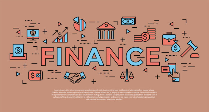 Finance Concept and Business Line Art Web Banner - Flat Vector Illustration with Banking, Investment, Economy, and Law Icons on Brown Background