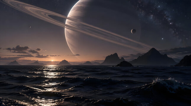 Massive ringed planet rising over a dark alien ocean landscape with rocky islands at sunset.