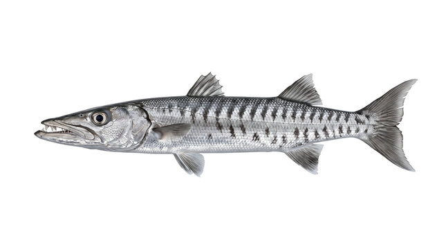 High-quality detailed illustration of a predatory Great Barracuda fish with sharp teeth and silver scales, isolated on a transparent background for marine wildlife and sport fishing concepts.