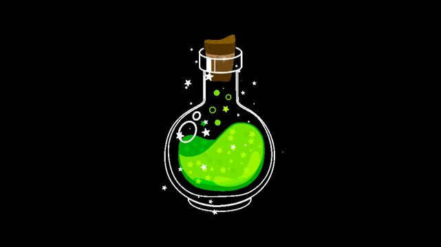 Magic potion bottle glowing with green liquid and floating stars in