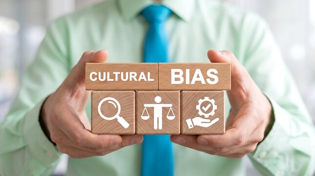 Concept of cultural bias. Business person holding blocks with the inscription CULTURAL 