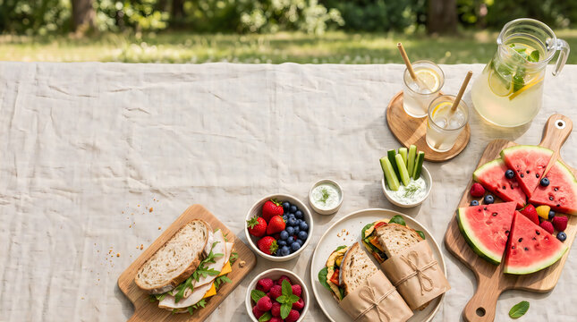 Fresh picnic food spread on a white cloth outdoors