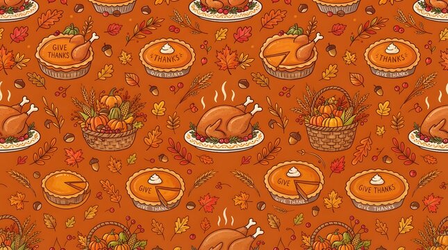 Seamless thanksgiving pattern featuring roasted turkey, pumpkin pie, harvest baskets, and autumn leaves on an orange background for festive holiday designs