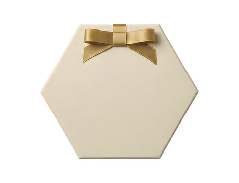 Hexagonal gift box with gold ribbon bow isolated on transparent background