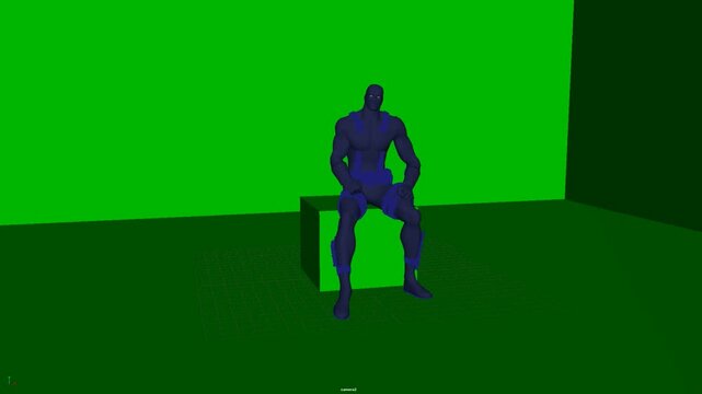 3D humanoid character seated low on the studio floor with bent legs, offering a grounded full body pose for animation blocking and body mechanics study, suitable for animation, design, and media.