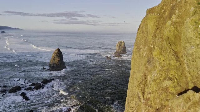 Drone Aerial View of Iconic Haystack Rock Sea Stack at Cannon Beach Oregon Pacific Northwest Coast