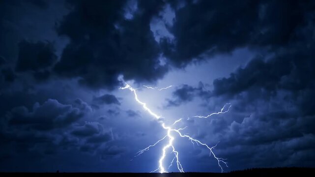 Lightning flashing through dark storm clouds over horizon, realistic thunderstorm seamless loop for weathe