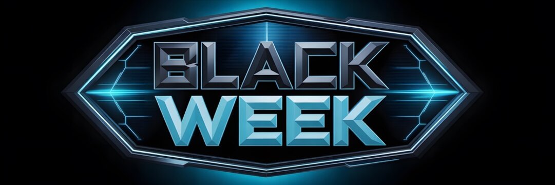 Futuristic Cyberpunk Hexagonal Logo Featuring Bold Glowing Black Week Text on