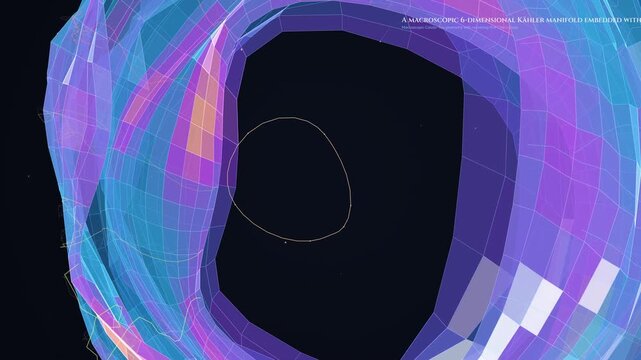 Abstract 3D visualization of a Calabi-Yau manifold compactification process with changing geometric topologies, representing extra dimensions in string theory and complex mathematical physics concept