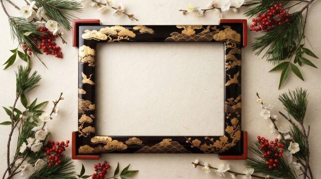 Traditional Japanese lacquerware frame decorated with pine and plum blossoms for New Year