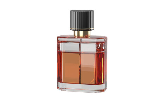 Amber perfume bottle with black cap isolated on transparent background
