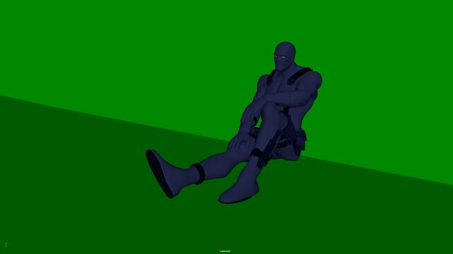 3D humanoid character sitting on the floor with legs extended and torso leaning back, presenting a grounded seated pose with clear body contact and balance, suitable for animation and production.