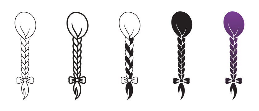 Braided Hair Vector Icon Set, Female Plait Hairstyle Line Art and French Braid Silhouettes with Ribbon Bow Details
