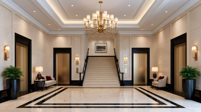 Luxury hotel lobby interior with grand staircase and elevators