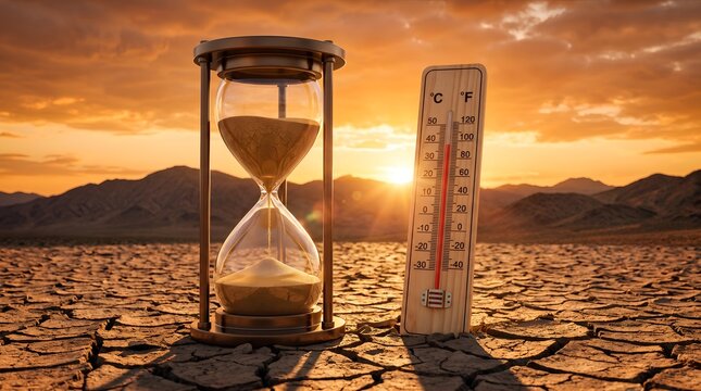 Climate Change Drought Crisis with Hourglass and Thermometer Showing Rising Heat, Water Scarcity and Environmental Urgency