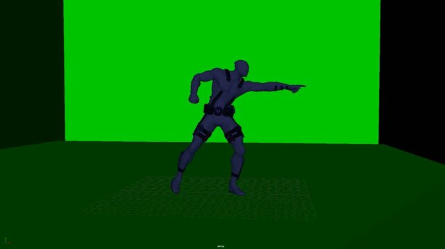 3D humanoid character leaning slightly while pointing outward, creating a directional action pose with a shifted torso and extended arm for movement reference, suitable for animation and editing.