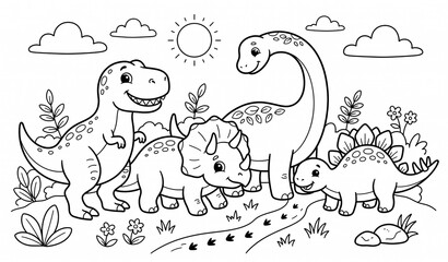 Cute Dinosaur Coloring Page for Kids Hand Drawn Cartoon Outline Vector © MstMaslima