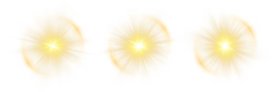 Set of three glowing gold starburst stickers with red outline and bright light rays, soft halo glow, transparent background.