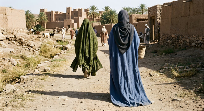 Two Arab Women in Traditional Historical Clothing Walking Through Ancient Desert Village Scene
