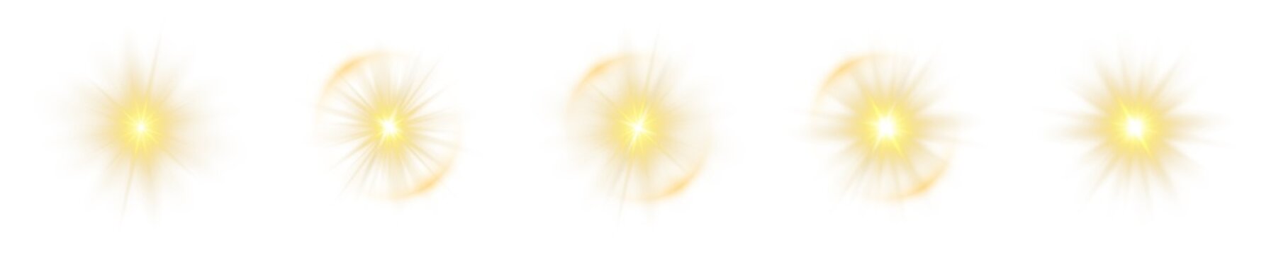 Collection of glowing golden and red spiky starbursts with soft light rays and transparent background.