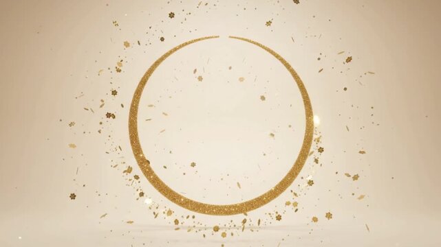 Golden glitter circle frame with sparkling particles on beige