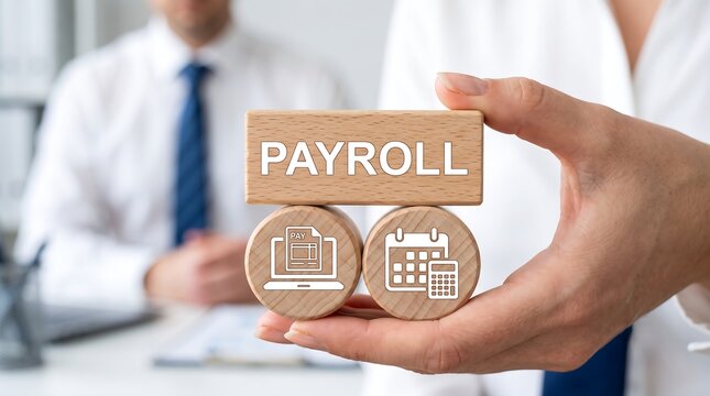 Concept of payroll. Business person holding wooden blocks with icons sees the text PAYROLL. Salary payroll system management financial, tax, business, management
