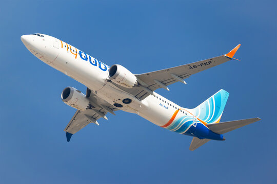 Flydubai Boeing 737 MAX 8 (A6-FKF) taking off from Dubai International Airport on November 15, 2025 in Dubai, UAE