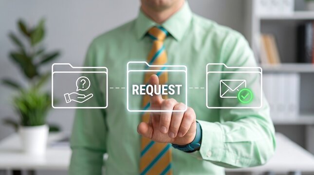 Concept of request. Business person using virtual touch screen presses the text REQUEST. application, concept