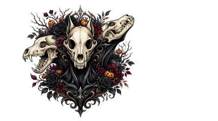 Fototapeta premium Gothic Skeletal Cerberus Illustration with Dark Floral Accents and Ornate Decorative Elements