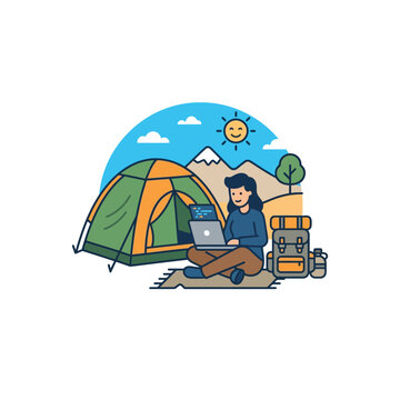 A woman sitting on the ground working on her laptop while camping outdoors.